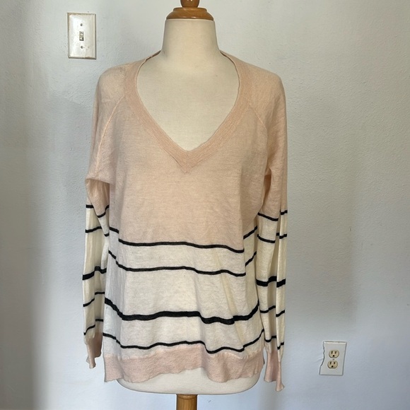 Enza Costa Cashmere Top V-neck Striped Lightweight‎ Sweater Size L - Picture 1 of 13